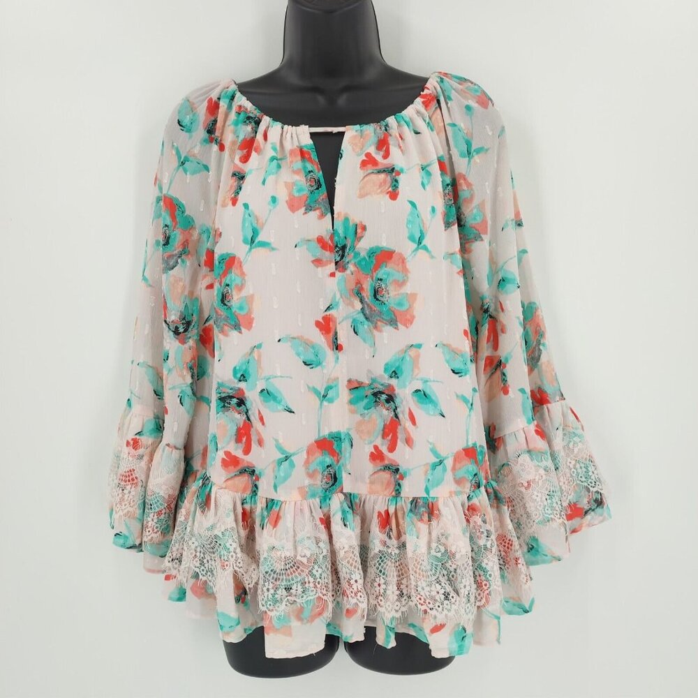Kaari Blue Sz L Multi Pink Floral Santorini 3/4 Sleeve Ruffle Front Tie Top Lace - Picture 3 of 13